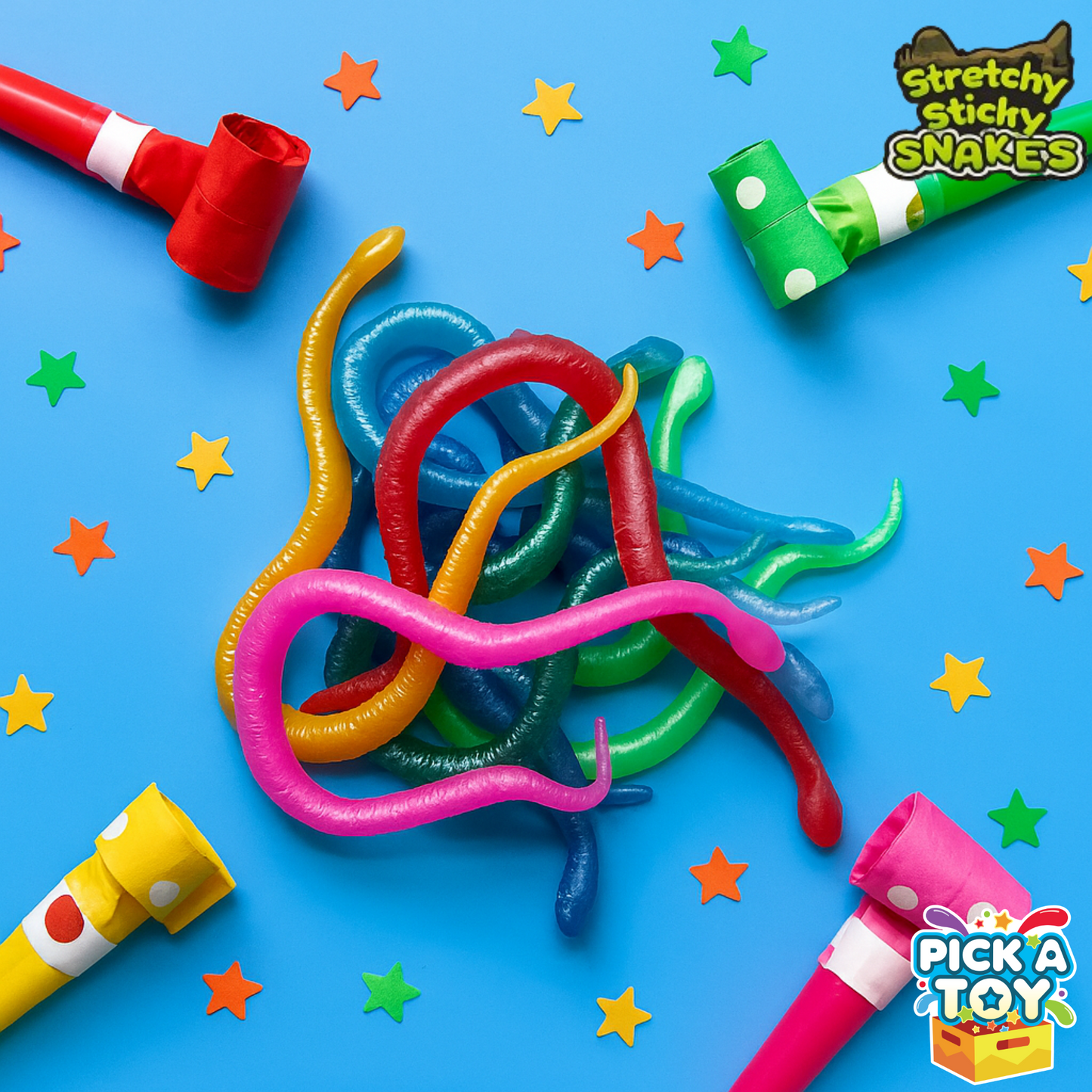 36 Pcs Mini Snake Party Favors Toys for Kids, Stretchy Sticky Rubber Snakes Bulk, Animal Rain Forest Themed Decorations, Treasure Chest for Kids Prizes, Flying Snakes Slingshot Toy