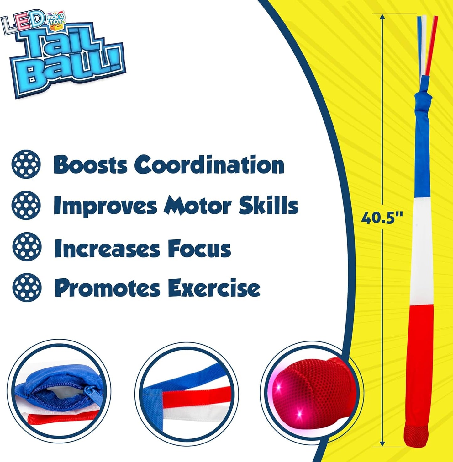 PICK A TOY Outdoor Throw and Catch Light Up Ball Games -Kids Sports Ball & LED Tail Glow at Night - Play in The Dark - Fun Throwing Toys for Kids & Adults, Boys & Girls