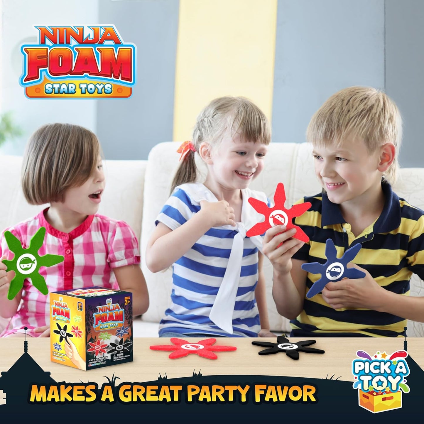 Pick A TOYMini Foam Ninja Throwing Stars – Soft and Safe Toss Toys Party Favors for Birthday Party Costume Accessory Easter Egg Stuffers Cosplay, 4 Inch (24 Pcs, Blue, Red, Black, Green)