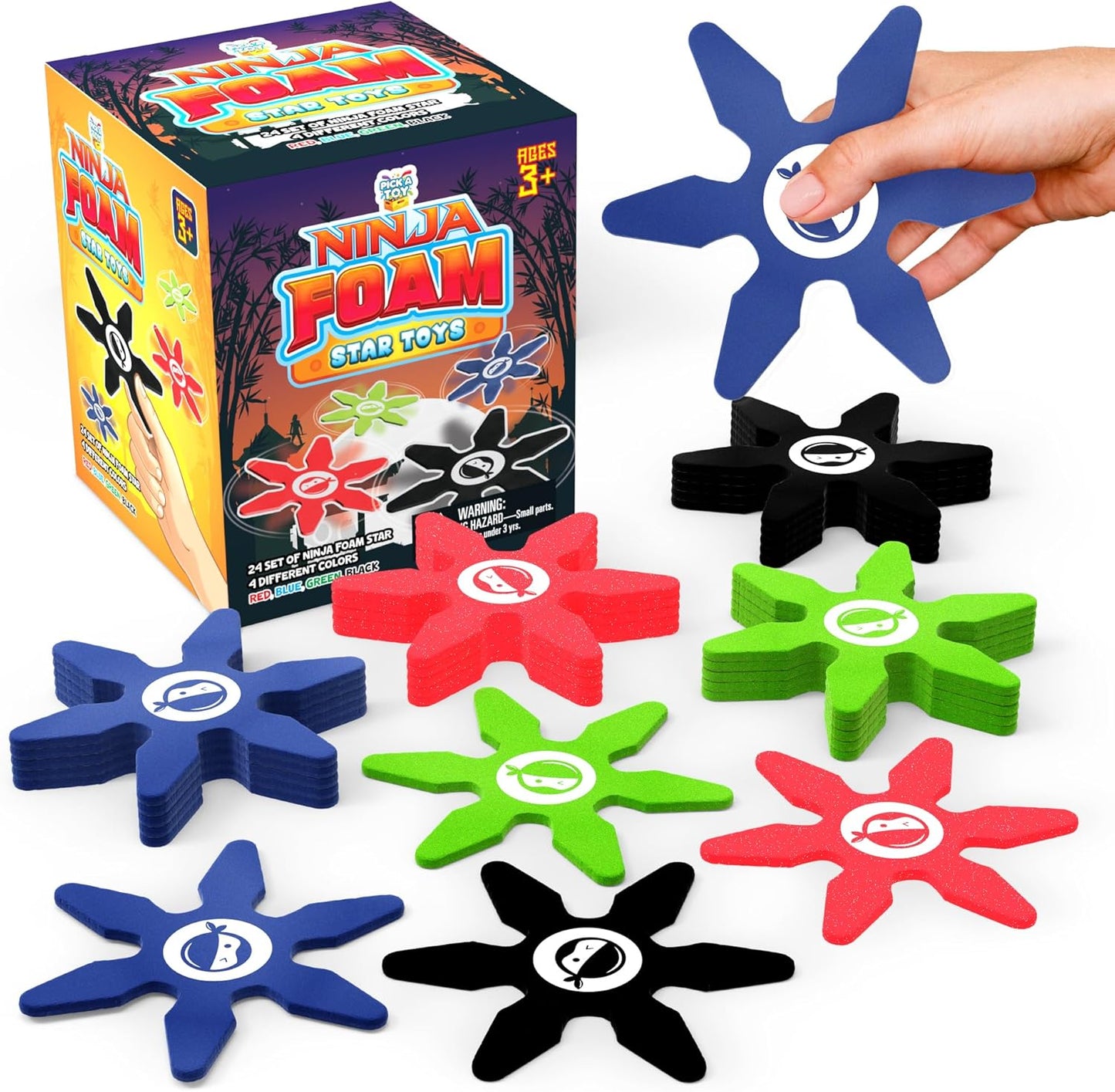 Pick A TOYMini Foam Ninja Throwing Stars – Soft and Safe Toss Toys Party Favors for Birthday Party Costume Accessory Easter Egg Stuffers Cosplay, 4 Inch (24 Pcs, Blue, Red, Black, Green)