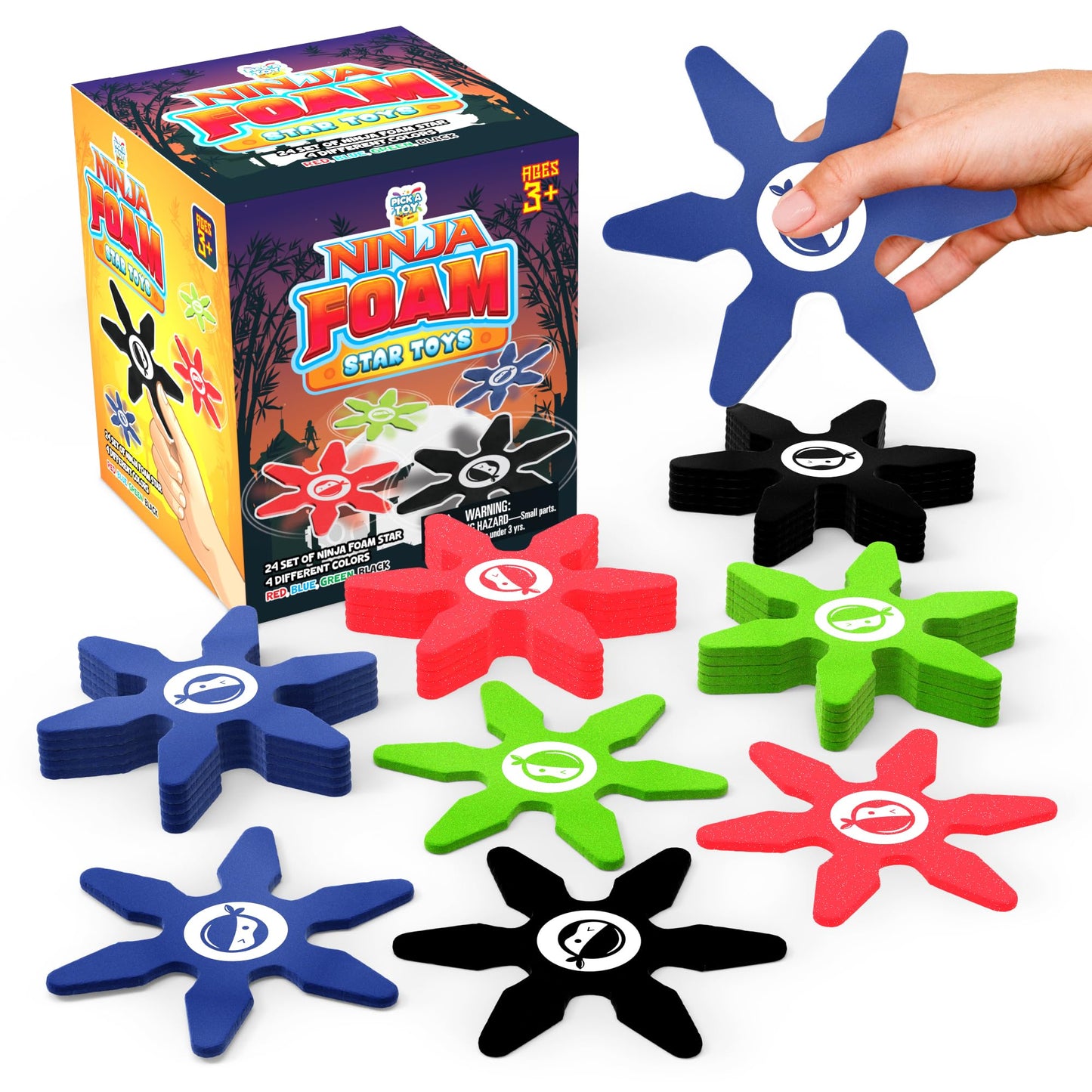 Pick A TOYMini Foam Ninja Throwing Stars – Soft and Safe Toss Toys Party Favors for Birthday Party Costume Accessory Easter Egg Stuffers Cosplay, 4 Inch (24 Pcs, Blue, Red, Black, Green)