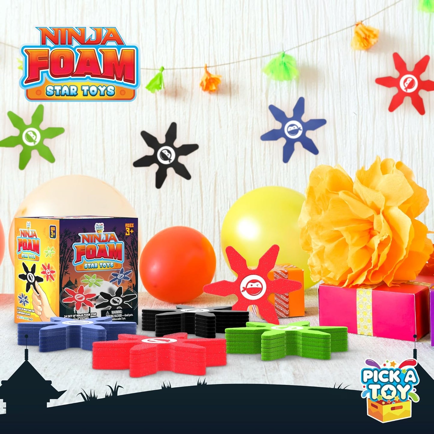 Pick A TOYMini Foam Ninja Throwing Stars – Soft and Safe Toss Toys Party Favors for Birthday Party Costume Accessory Easter Egg Stuffers Cosplay, 4 Inch (24 Pcs, Blue, Red, Black, Green)