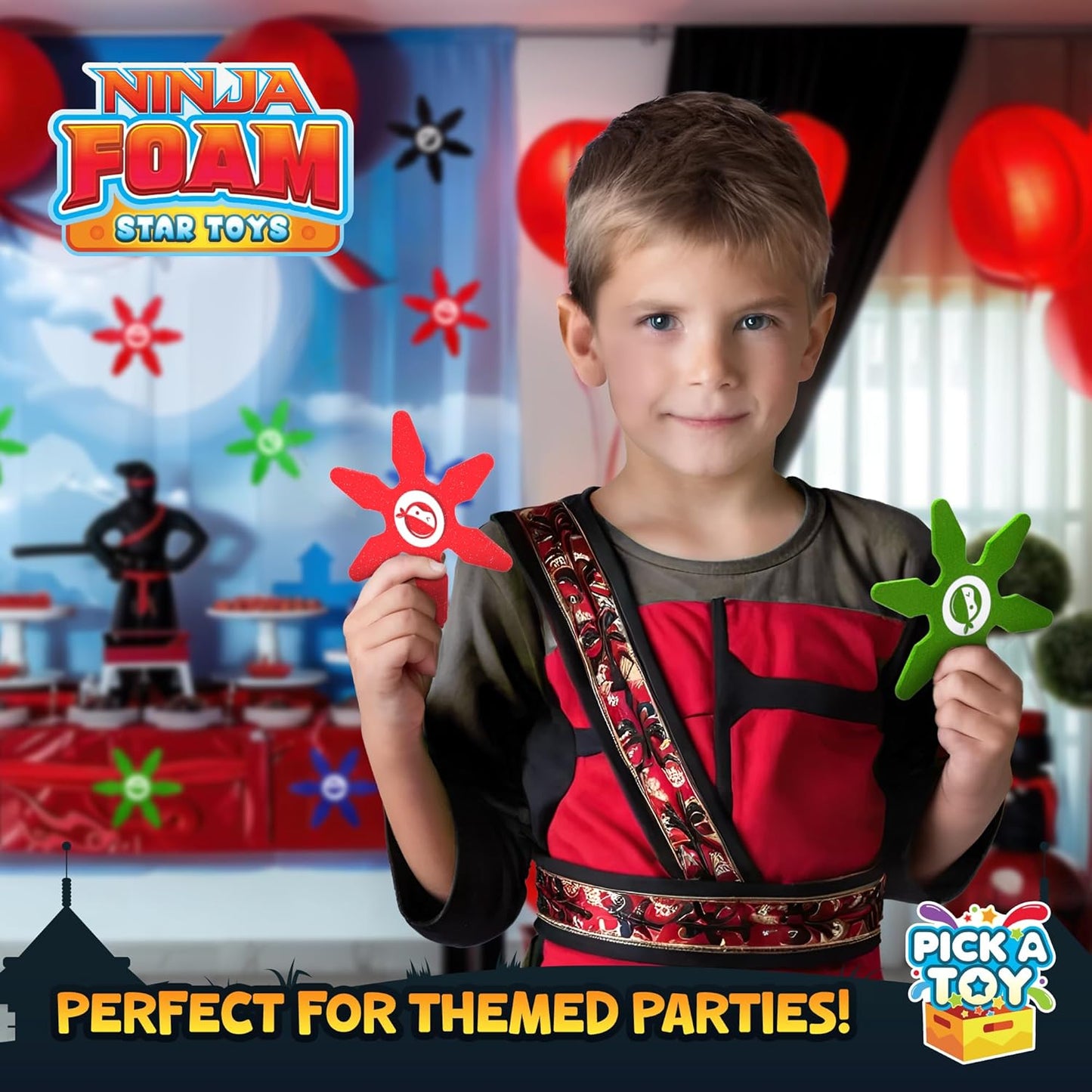 Pick A TOYMini Foam Ninja Throwing Stars – Soft and Safe Toss Toys Party Favors for Birthday Party Costume Accessory Easter Egg Stuffers Cosplay, 4 Inch (24 Pcs, Blue, Red, Black, Green)
