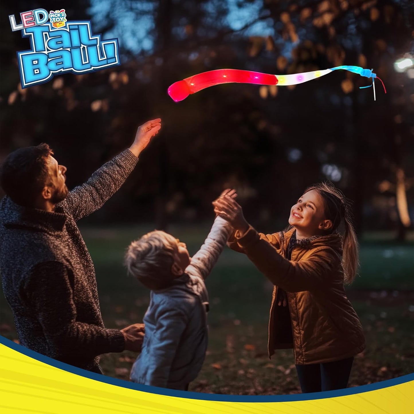 PICK A TOY Outdoor Throw and Catch Light Up Ball Games -Kids Sports Ball & LED Tail Glow at Night - Play in The Dark - Fun Throwing Toys for Kids & Adults, Boys & Girls