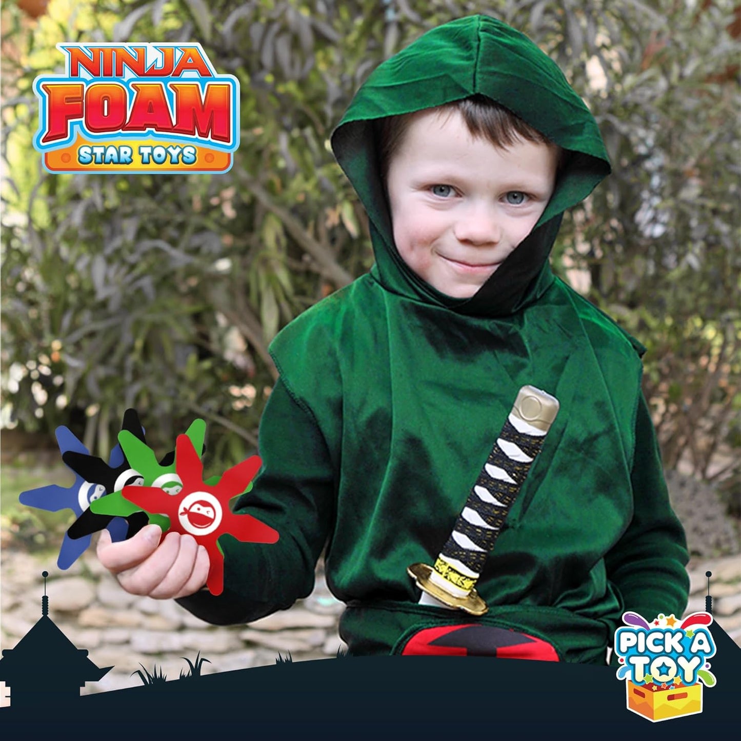 Pick A TOYMini Foam Ninja Throwing Stars – Soft and Safe Toss Toys Party Favors for Birthday Party Costume Accessory Easter Egg Stuffers Cosplay, 4 Inch (24 Pcs, Blue, Red, Black, Green)