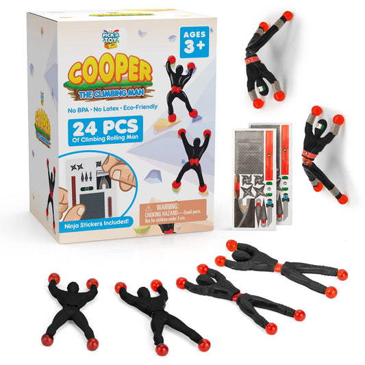 PICK A TOY 24 Sticky Wall Climbing Black Ninjas with DIY Costume Stickers – Stretchy Window Crawlers, Easter Basket Stuffers, Birthday Goodie Bag, Party Favors for Kids