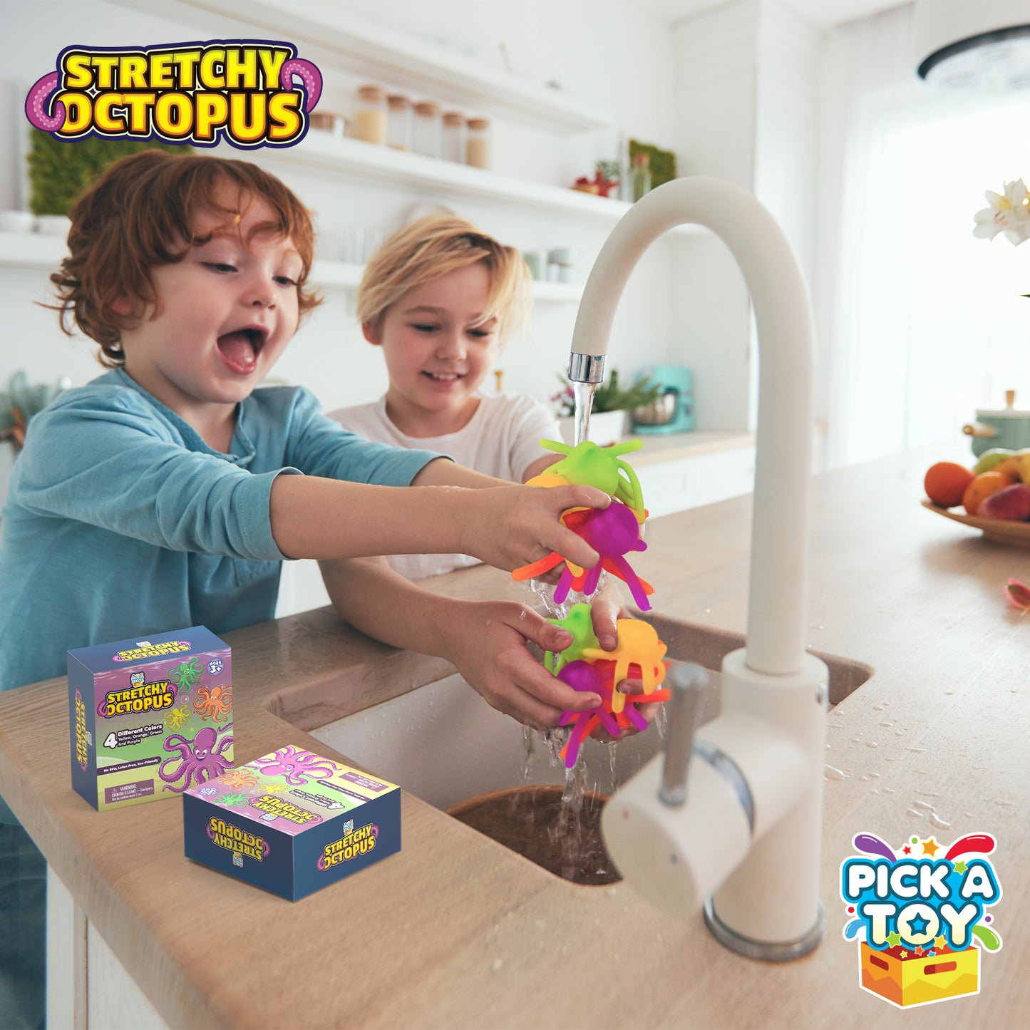 Octopus Wall Crawling Sticky Toys for Kids, 4 Pack, Soft and Flexible Squishy Walkers, Bright and Colorful Climbers, Washable and Reusable Stickiness, Birthday Party Favors and Easter Basket Stuffers - Pick A Toy