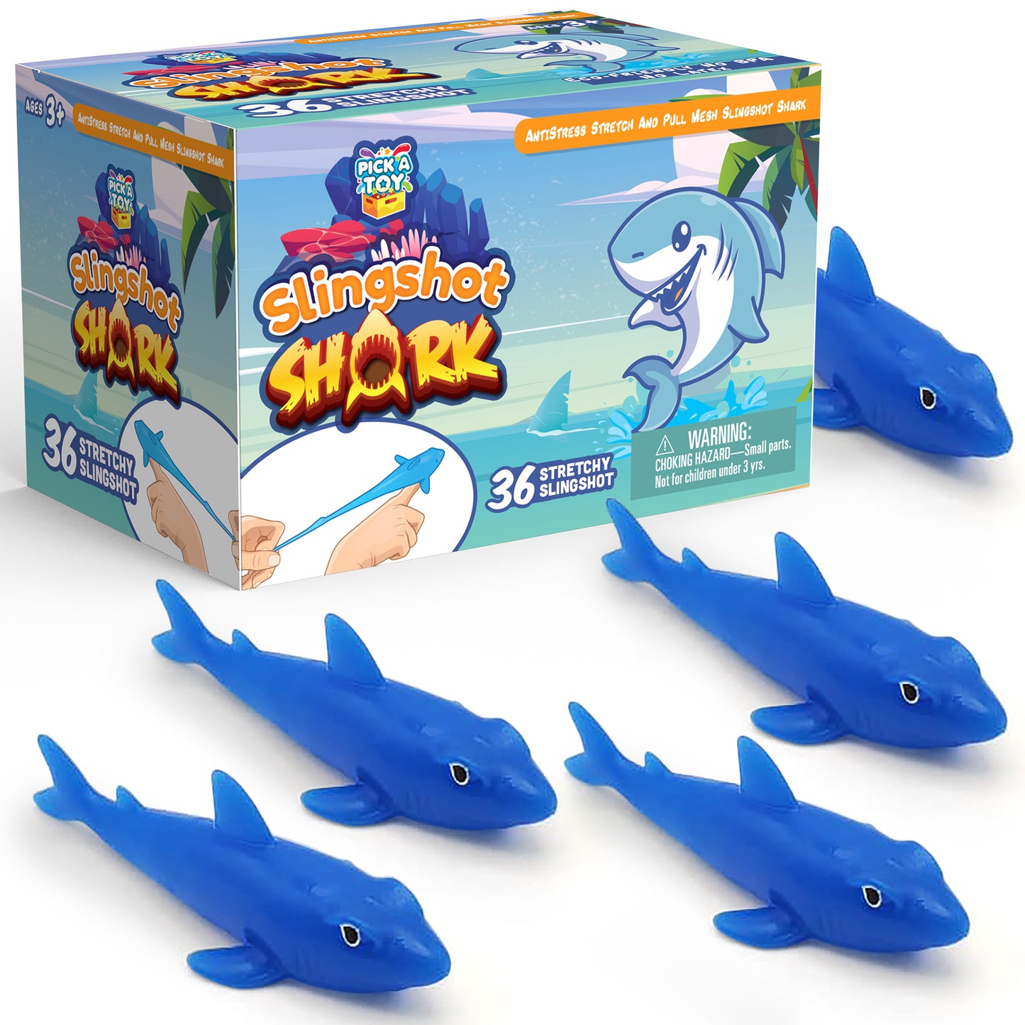 PICK A TOY 36 Pcs Shark Party Favors Stretchy Slingshot Toys, Easter Egg Fillers, Birthday Goodie Bags Stuffers, Sea Animal Party Decorations, Fish Shooter Game Finger Flicker