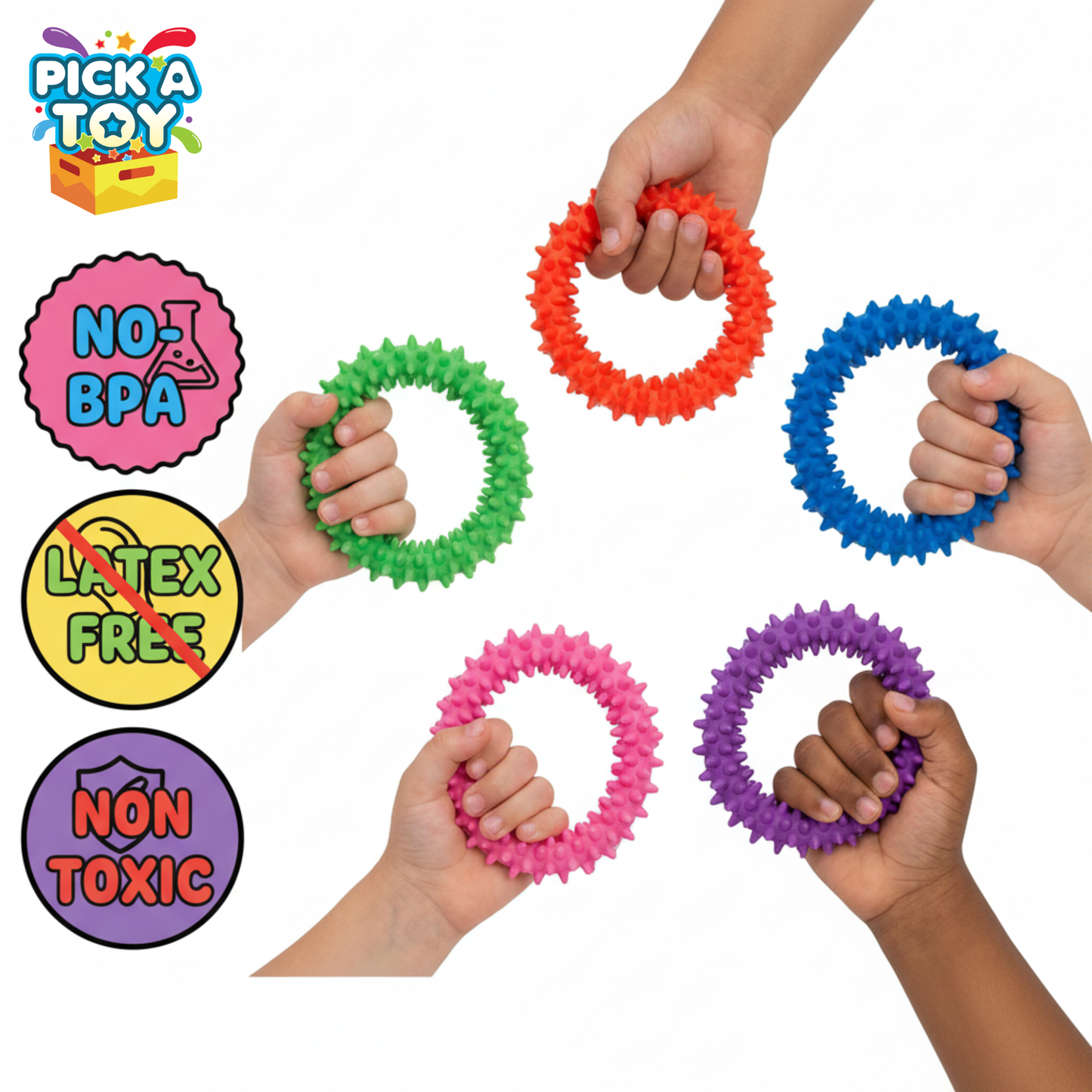 Pick A Toy Hedgehog Rings Fidget Bracelet for Kids, 5 Pack Spiky Sensory Toy, Firm Textured Rubber Ring, Classroom Prizes Boys & Girls, ADHD Sensory Toys
