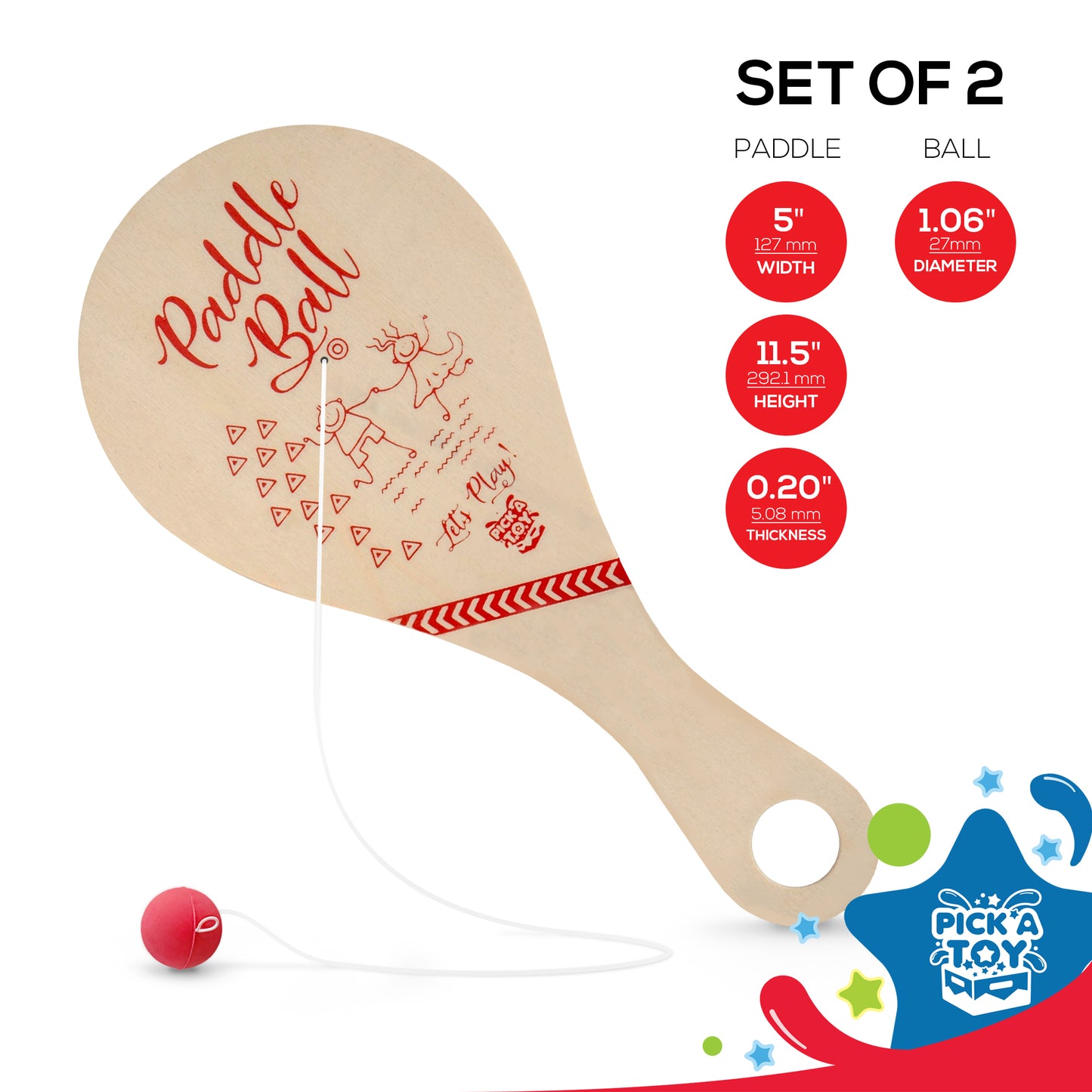 Wooden Paddle Ball (Set Of 2) With Red Carry Bag - Pick A Toy