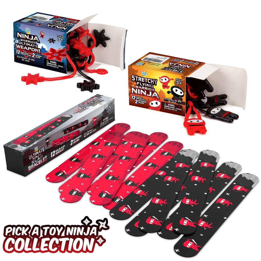 Pick A Toy ninja toy collection: sticky ninja stars, stretchy flying ninjas and red and black ninja slap bracelets