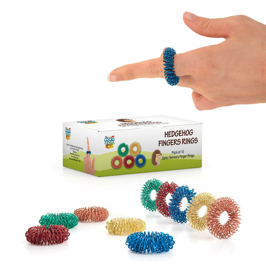 Metal spiky fidget ring on an adult's finger, with a gift box of 10 colored finger rings