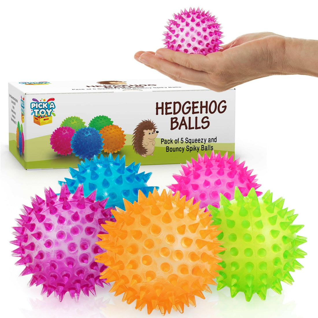 Five colorful squishy spiky sensory balls, with a hand holding a pink one