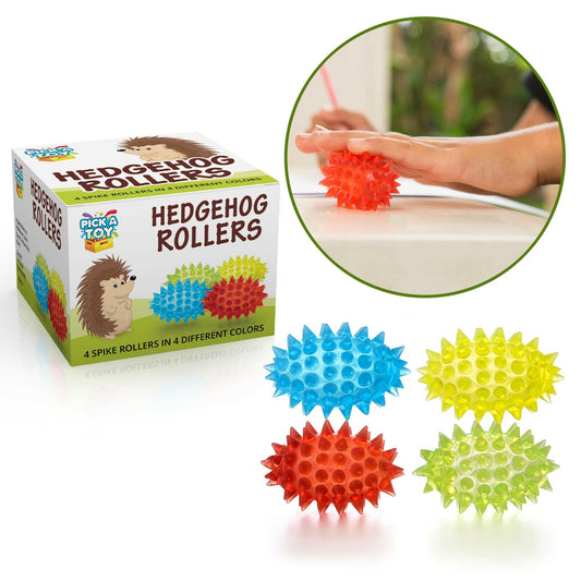 Four spiky sensory fidget rollers, one rolled under a child's hand on a desk