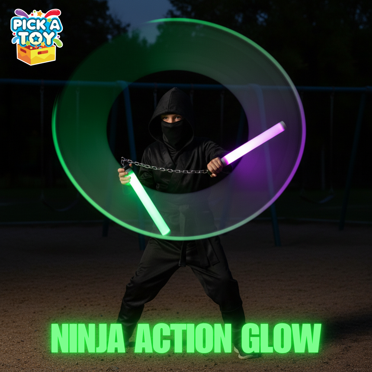 Child in a black ninja costume swinging LED nunchucks at night, leaving a green glowing light trail