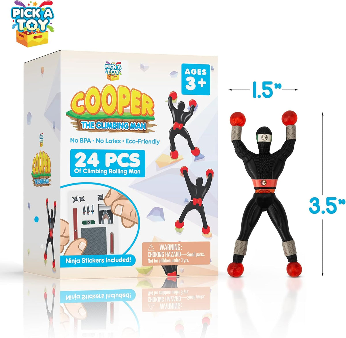 Size chart showing a black climbing ninja figure 3.5 inches tall and 1.5 inches wide next to the box