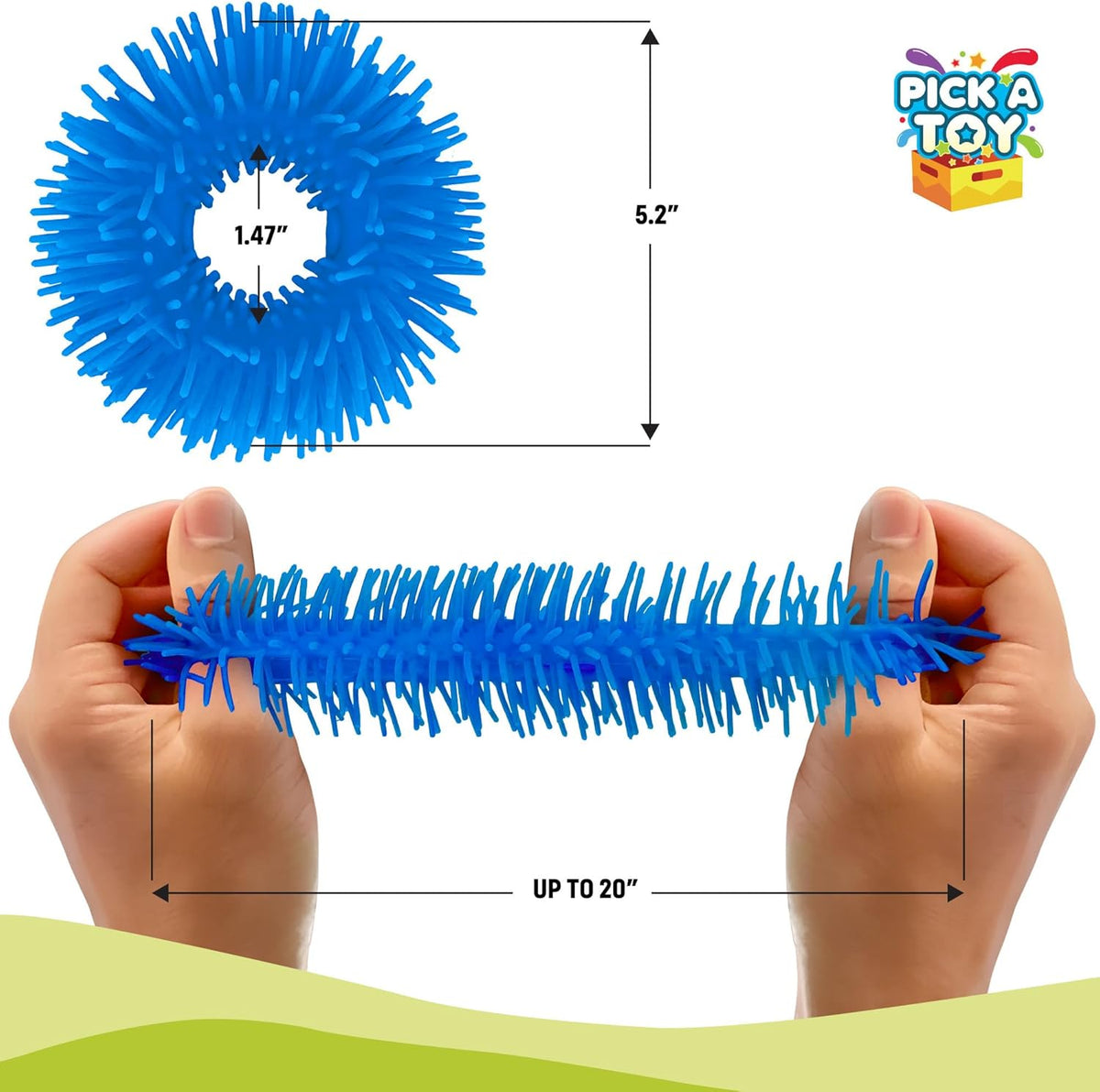 Size chart for a blue fuzzy stretchy bracelet, 5.2 inches across with a 1.47 inch hole, stretching up to 20 inches