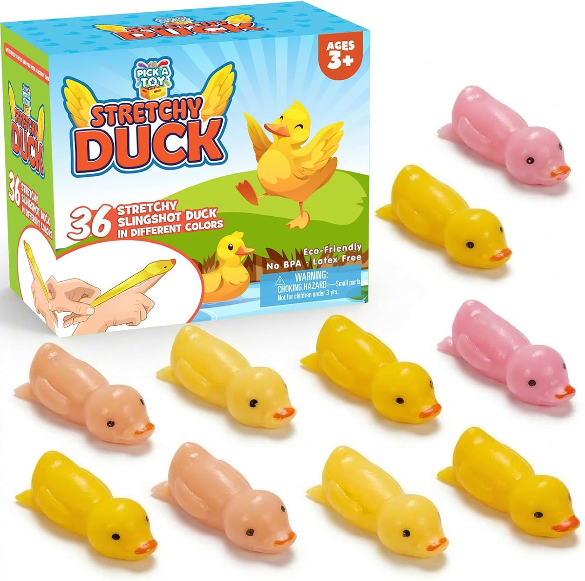 Ten yellow, pink and peach rubber duck slingshot toys laid out in front of the Stretchy Duck box