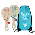 Wooden paddle ball set of 2 with red and blue printed paddles, red balls on strings and a light blue drawstring bag