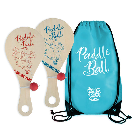 PICK A TOY Wooden Paddle Ball Toy(Set of 2) with Blue Carry Bag - Indoor Outdoor Toy: Fun and Classic Paddleball Game for Boys and Girls, Party Favor Toys Ages 4+