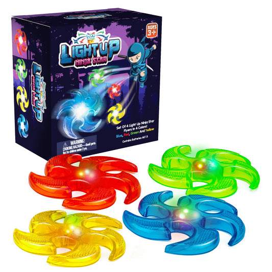 PICK A TOY Light Up Ninja Flyers Set, 4 LED Electronic Stars, Heavy Duty Rubber Throwing Discs, Interactive Kids Toys for Tossing Games and Play, 4 Colors (Red, Blue, Yellow, Green)