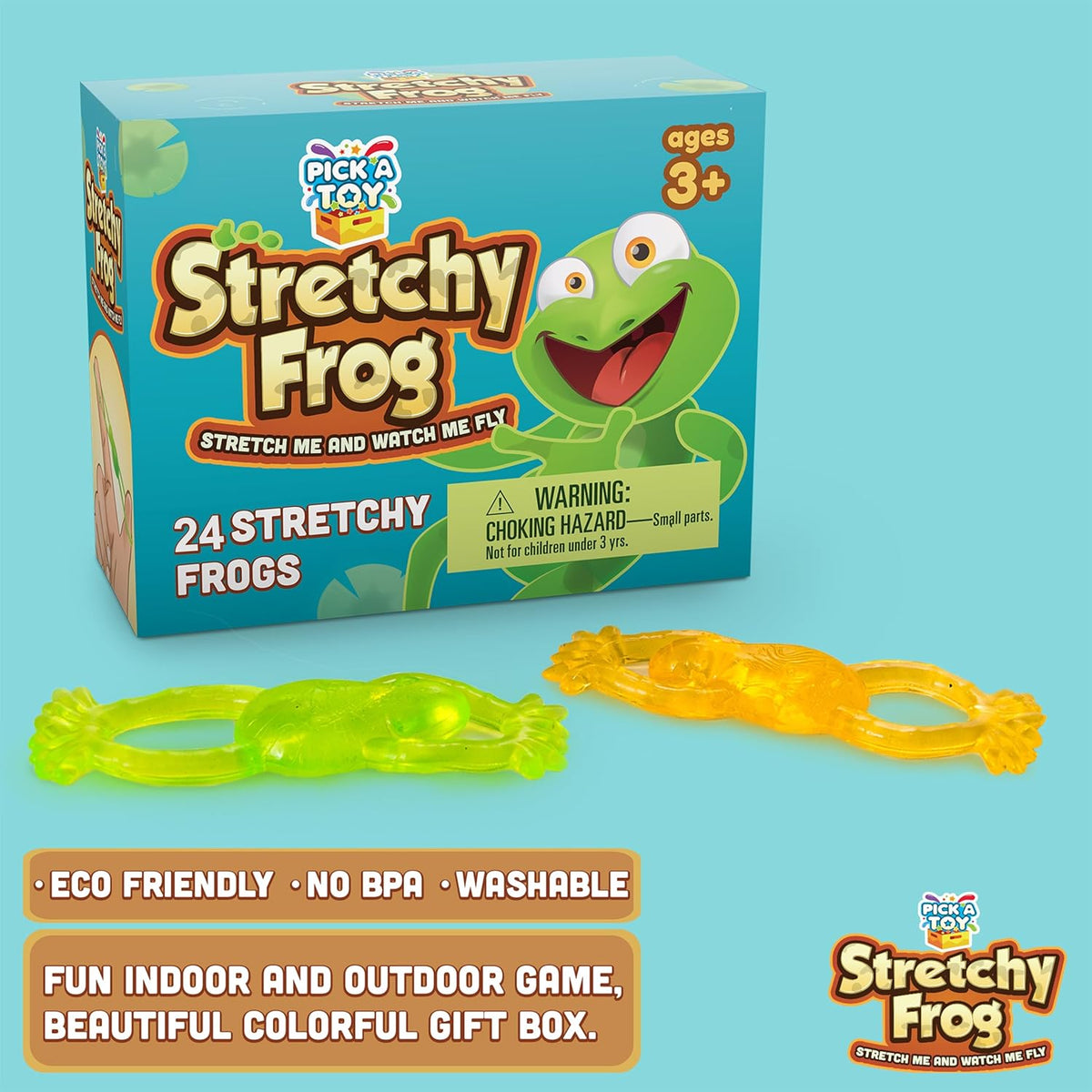Lime green and orange slimy sticky frogs in front of the 24 pack gift box on a teal background with feature callouts