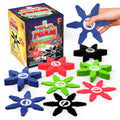 Foam ninja throwing stars in blue, red, black and green stacked by the box, with a hand holding a blue one