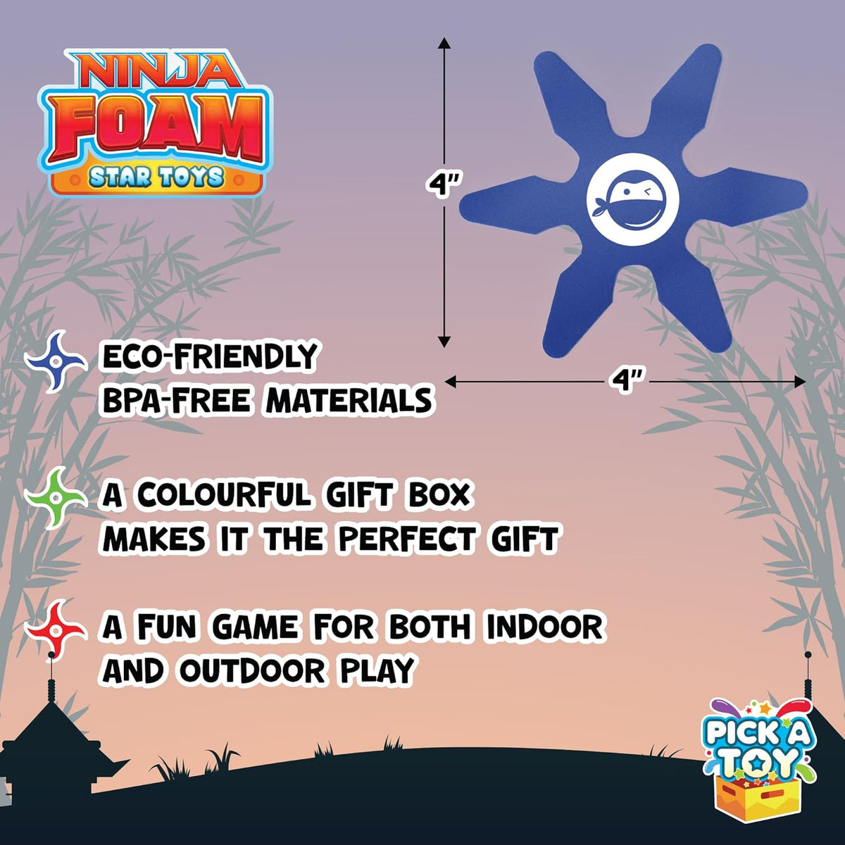Infographic of a blue foam ninja star measuring 4 by 4 inches, with notes on materials, gift box and play