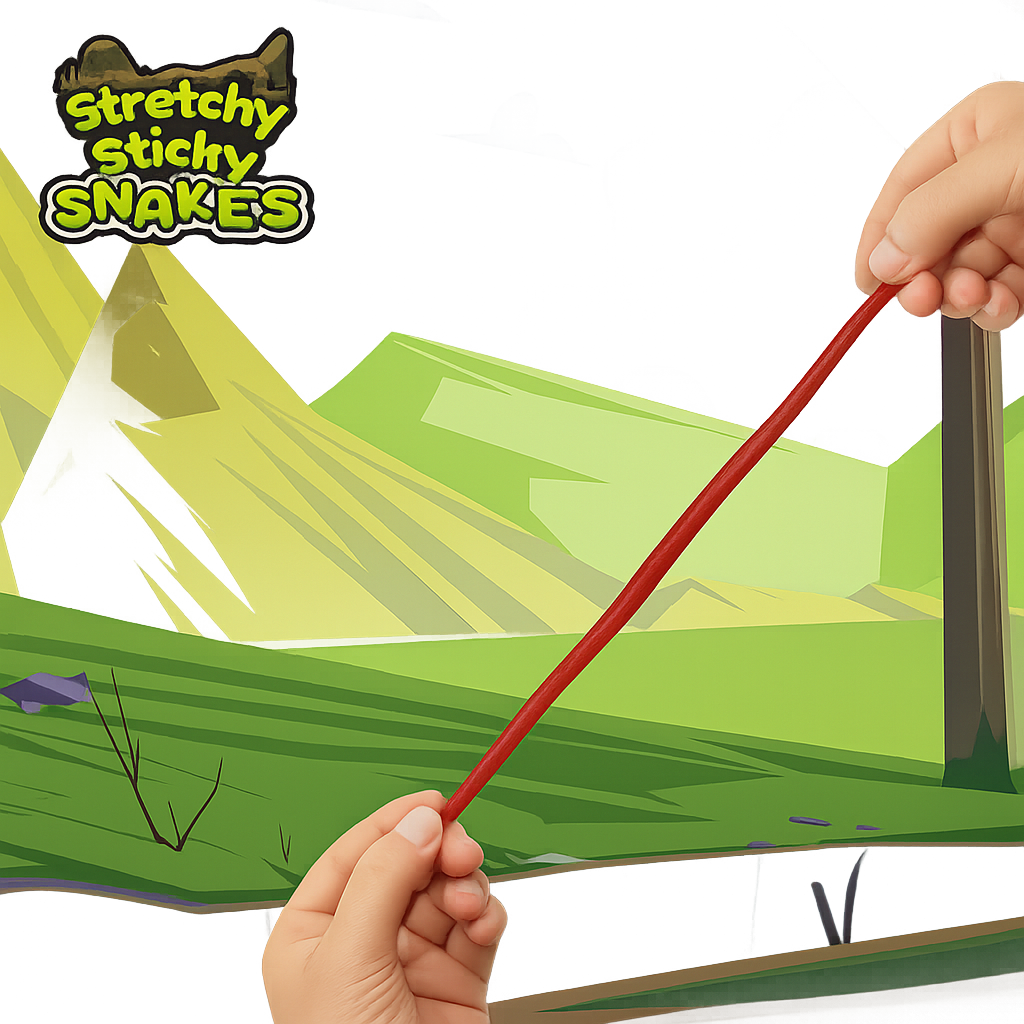 Hands pulling a red stretchy sticky snake toy to full length against a green cartoon meadow