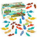 Box of 36 rubber slingshot flying dinosaur toys with colorful stretchy dinosaurs spread out on a white background
