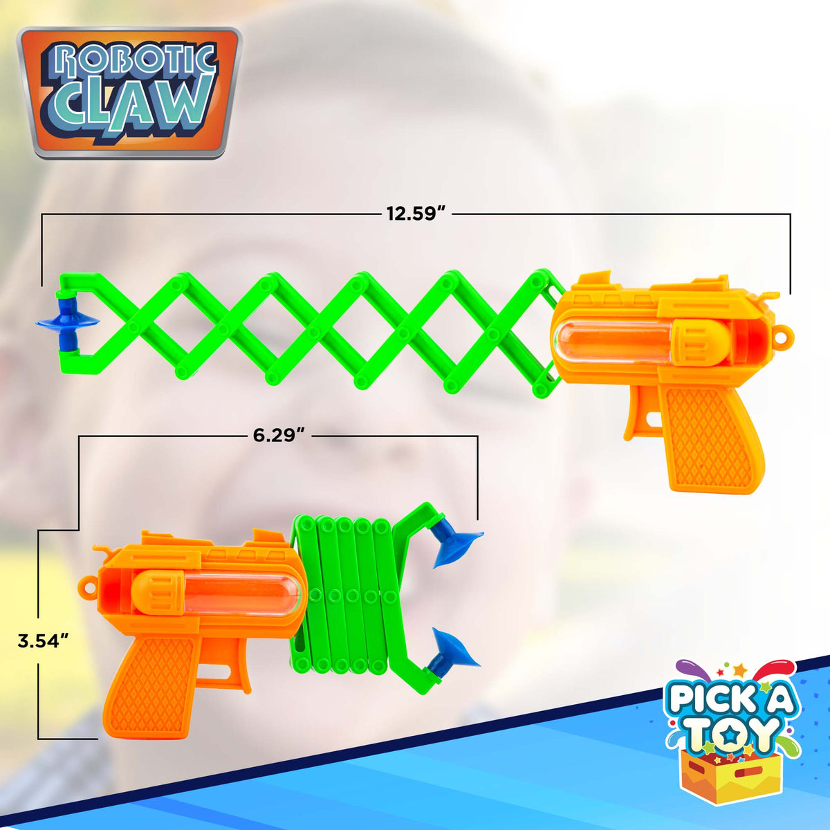 Size chart showing the robotic grabber at 6.29 inches closed, 12.59 inches extended and 3.54 inches tall