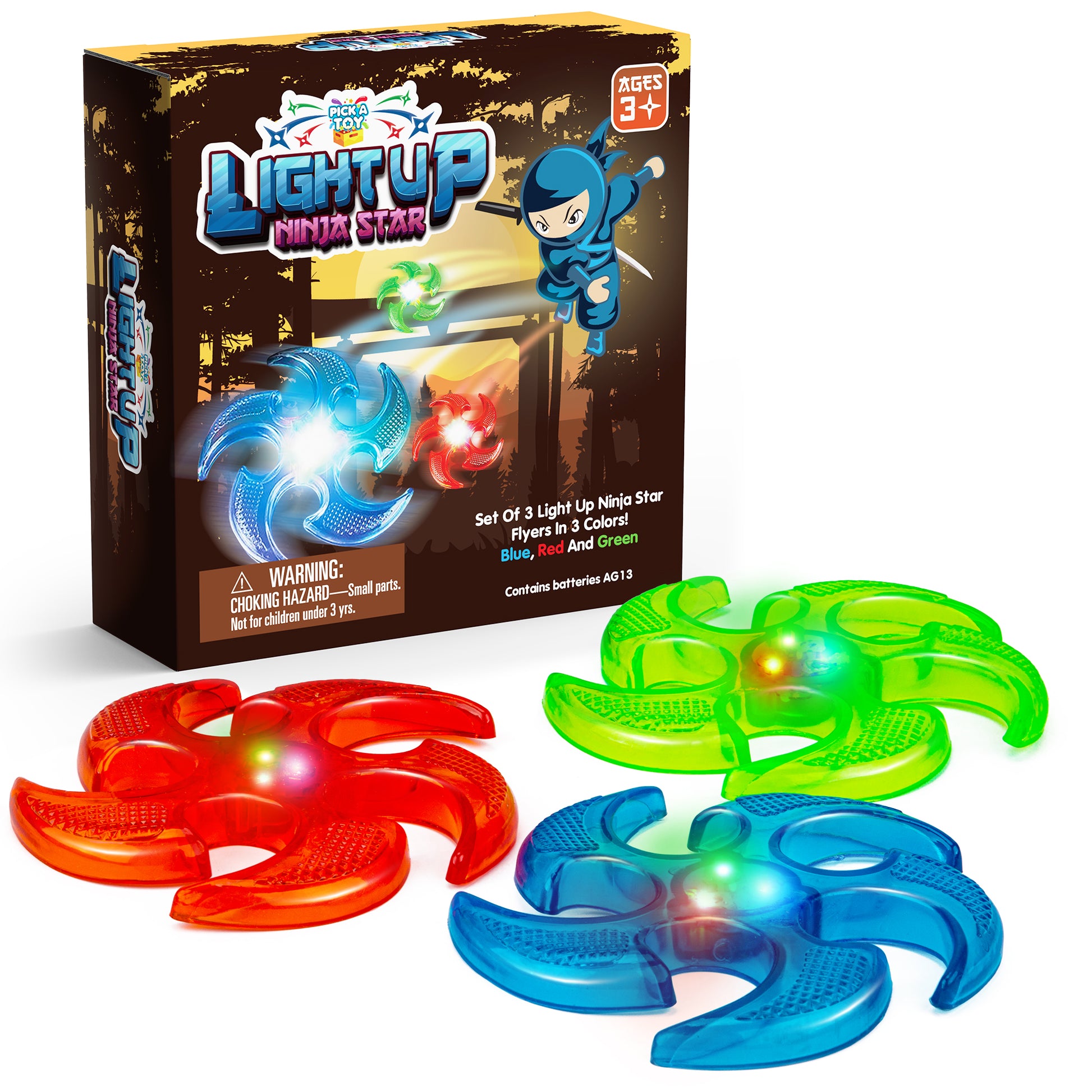 Light Up Ninja Flyers Set, 3 LED Electronic Stars, Heavy Duty Rubber Throwing Discs, Fun and Interactive Kids Toys for Tossing, Games, and Play, 3 Colors, Includes Gift Box - Pick A Toy