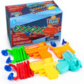 Three robotic claw toys with orange, yellow and teal handles and green, red and orange arms in front of the box
