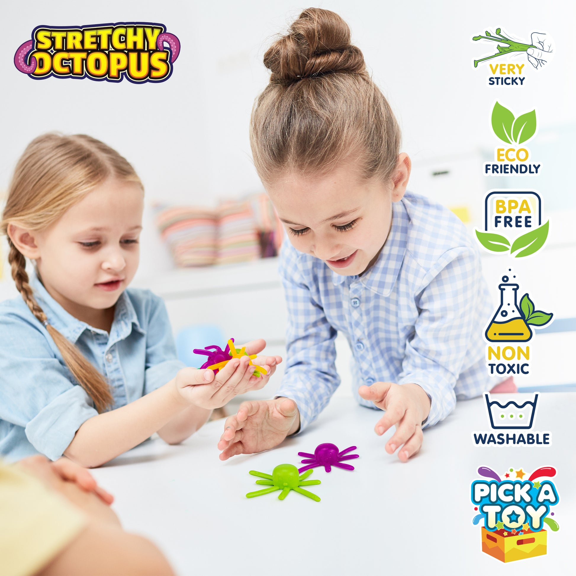 Octopus Wall Crawling Sticky Toys for Kids, 4 Pack, Soft and Flexible Squishy Walkers, Bright and Colorful Climbers, Washable and Reusable Stickiness, Birthday Party Favors and Easter Basket Stuffers - Pick A Toy