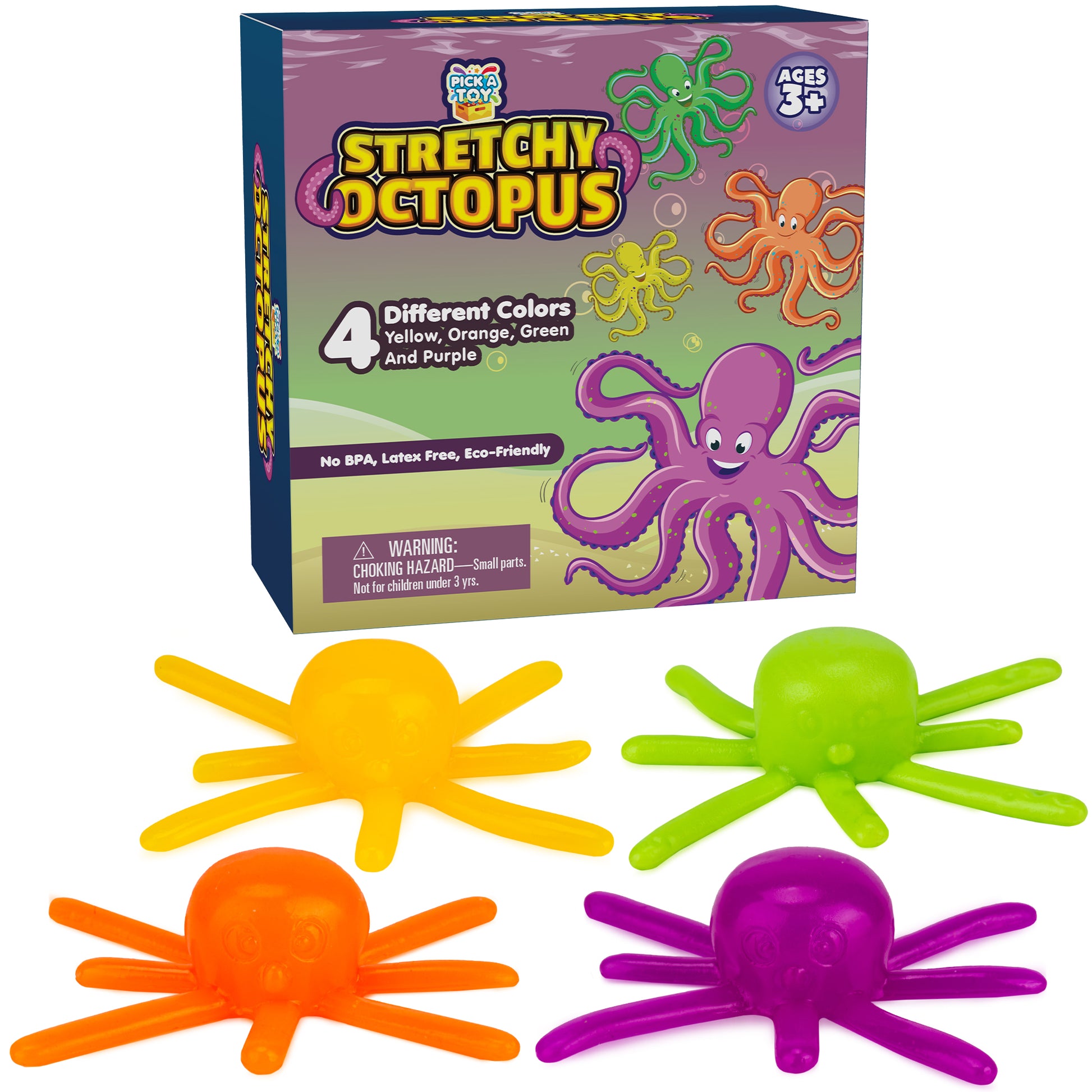 Octopus Wall Crawling Sticky Toys for Kids, 4 Pack, Soft and Flexible Squishy Walkers, Bright and Colorful Climbers, Washable and Reusable Stickiness, Birthday Party Favors and Easter Basket Stuffers - Pick A Toy