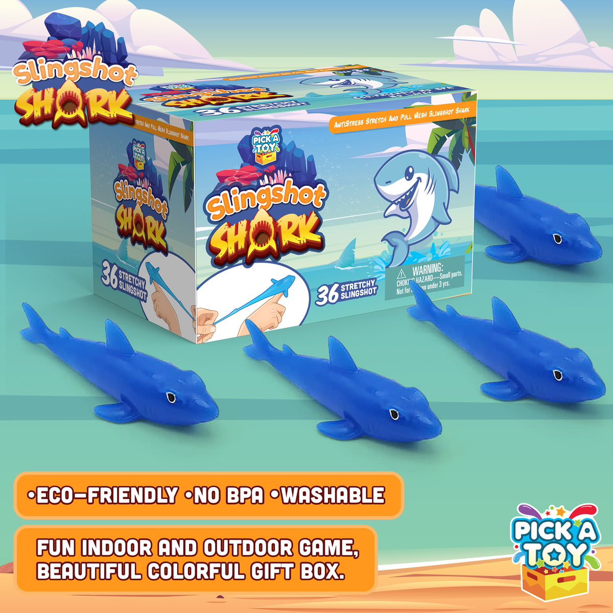 Shark slingshot toys and gift box on a beach scene with text noting washable and a fun indoor or outdoor game