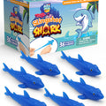 Six blue stretchy shark slingshot toys lined up in front of their 36 pack gift box on white