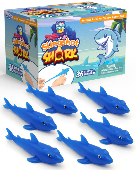 PICK A TOY 36 Pcs Shark Party Favors Stretchy Slingshot Toys, Easter Egg Fillers, Birthday Goodie Bags Stuffers, Sea Animal Party Decorations, Fish Shooter Game Finger Flicker