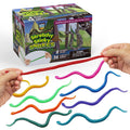 Stretchy Sticky Snakes box of 36 in 8 colors, with hands stretching a red snake above glittery rainbow-colored snakes