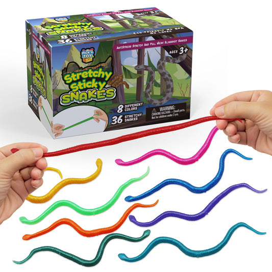 36 Pcs Mini Snake Party Favors Toys for Kids, Stretchy Sticky Rubber Snakes Bulk, Animal Rain Forest Themed Decorations, Treasure Chest for Kids Prizes, Flying Snakes Slingshot Toy