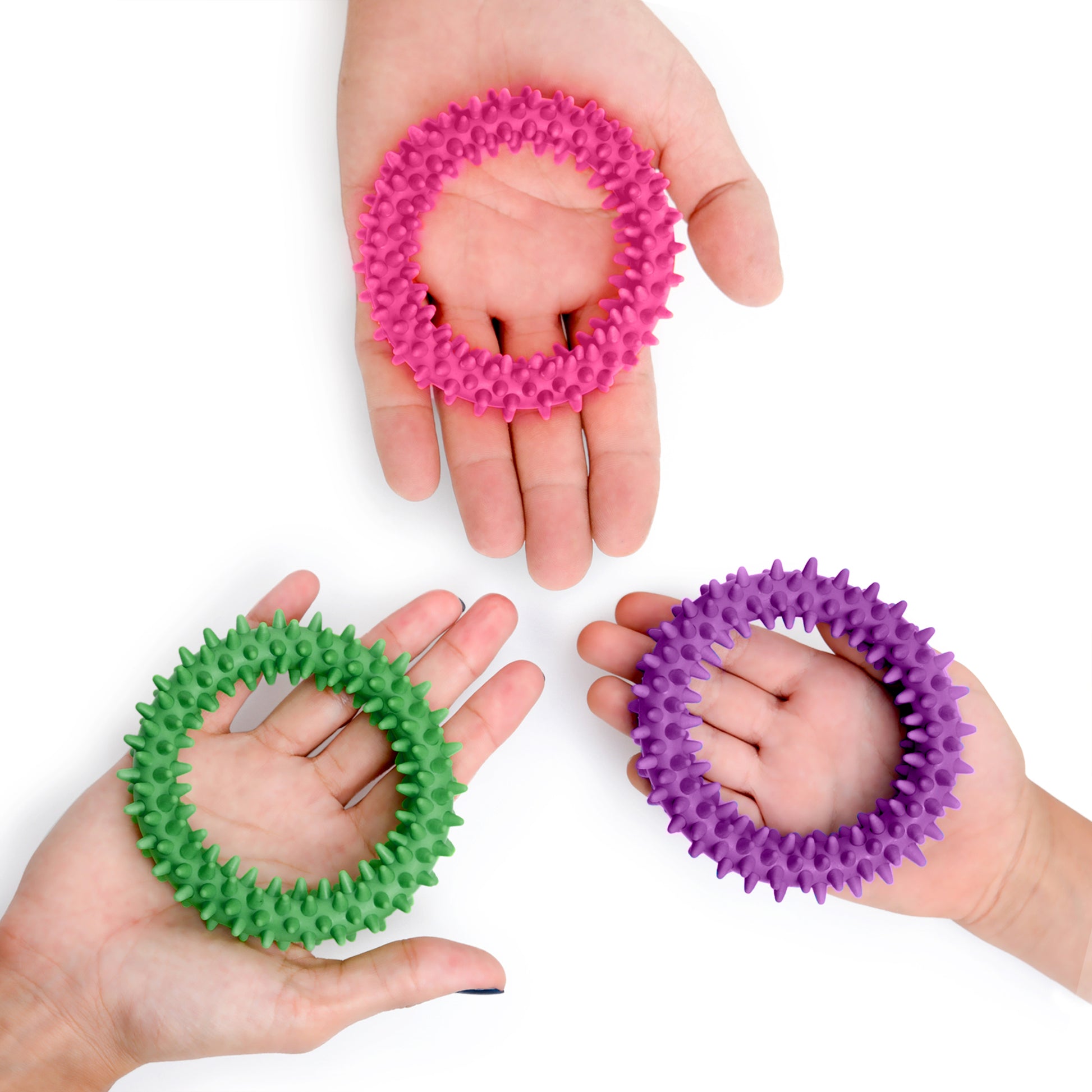 Sensory Ring and Fidget Toy 3 Pack Pink Purple Green | Soft, Flexible Rubber Spikes | Helps Reduce Stress and Anxiety| Promotes Focus and Clarity | Children, Youth, Adults Sensory Toys - Pick A Toy