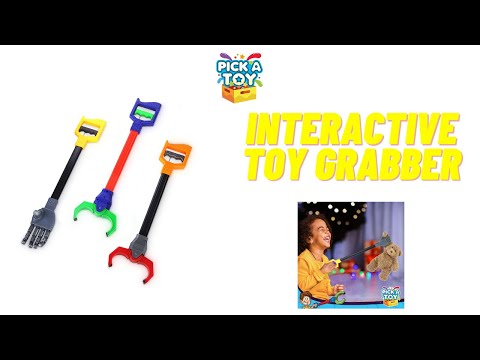 Video showing robotic claw toy grabbers in yellow, blue and orange, and a child grabbing a teddy bear