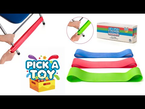 Video showing stretchy fidget bands in blue, red and green fitted around the legs of a school chair