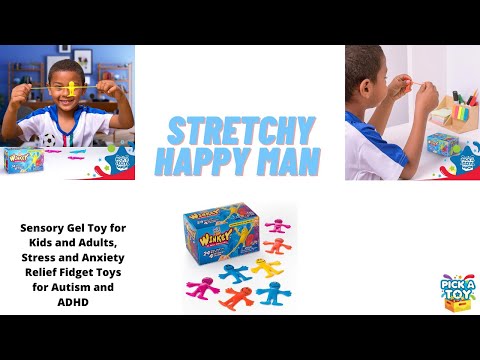 Video of a boy stretching sticky smiley man toys, shown with the 24-piece box in assorted colors